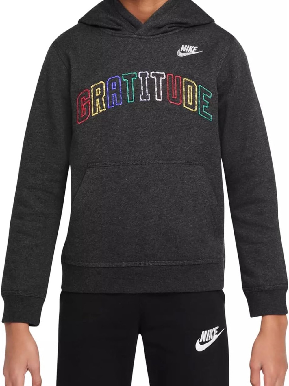 Nike Charcoal Hoodie with Multicolor 'Gratitude' Embroidery